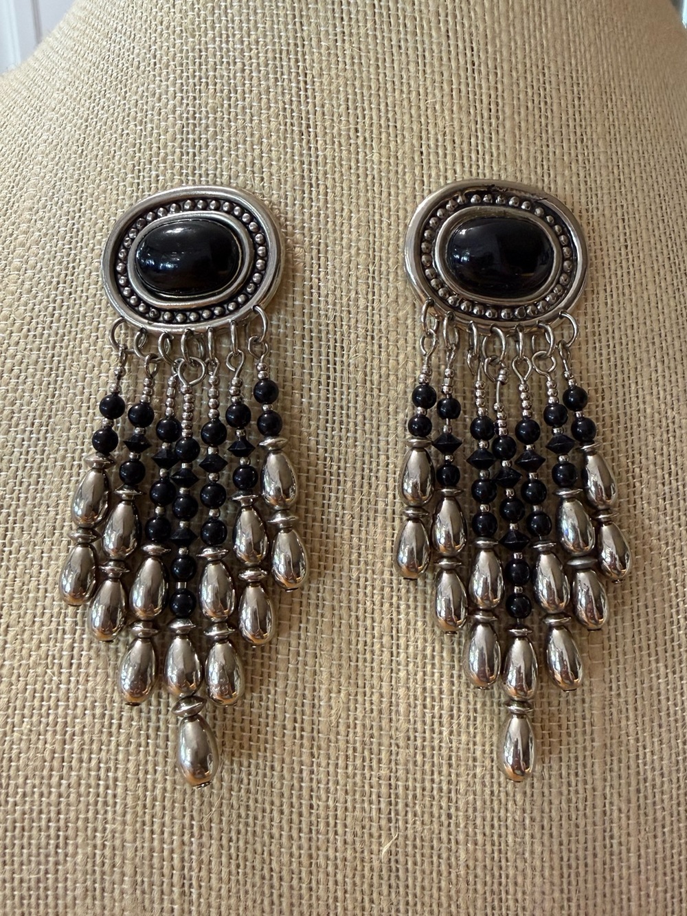 Silver and Black Beaded Fringe Statement Earrings
